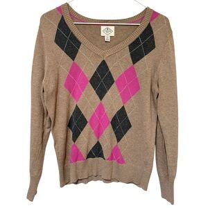 Vintage Womens Pink Tan Argyle Sweater PM Preppy Academia V Neck Pullover